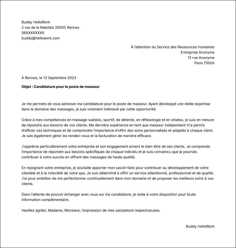 Modèle lettre de motivation Masseuse Exemple lettre de motivation Masseuse