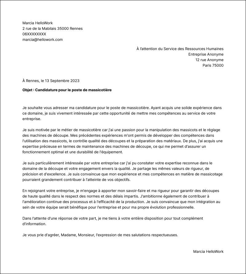 Modèle lettre de motivation Massicotier Exemple lettre de motivation Massicotier