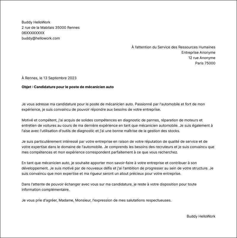 Modèle lettre de motivation Mécanicien automobile Exemple lettre de motivation Mécanicien automobile