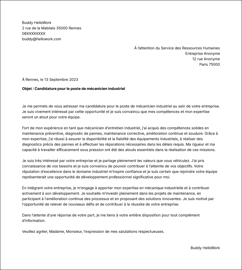 Modèle lettre de motivation Mécanicien industriel Exemple lettre de motivation Mécanicien industriel