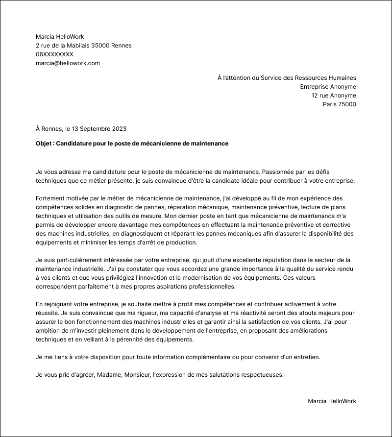 Modèle lettre de motivation Mécanicien de maintenance Exemple lettre de motivation Mécanicien de maintenance