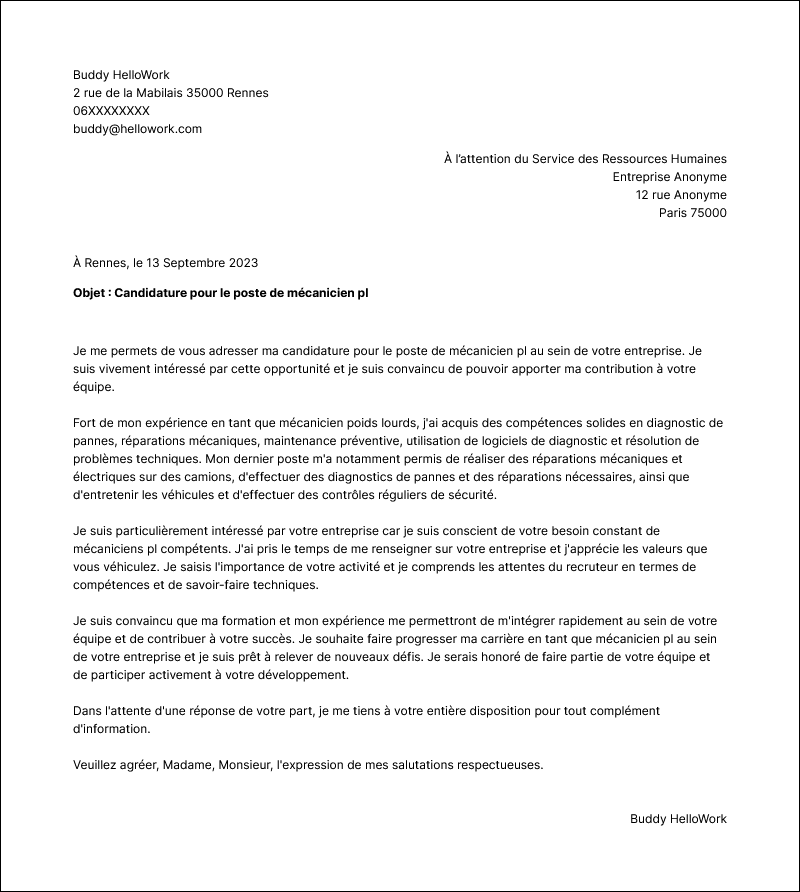 Modèle lettre de motivation Mécanicien poids lourds Exemple lettre de motivation Mécanicien poids lourds