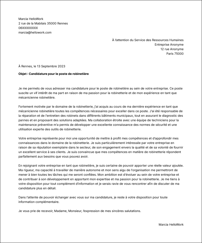 Modèle lettre de motivation Robinetier Exemple lettre de motivation Robinetier