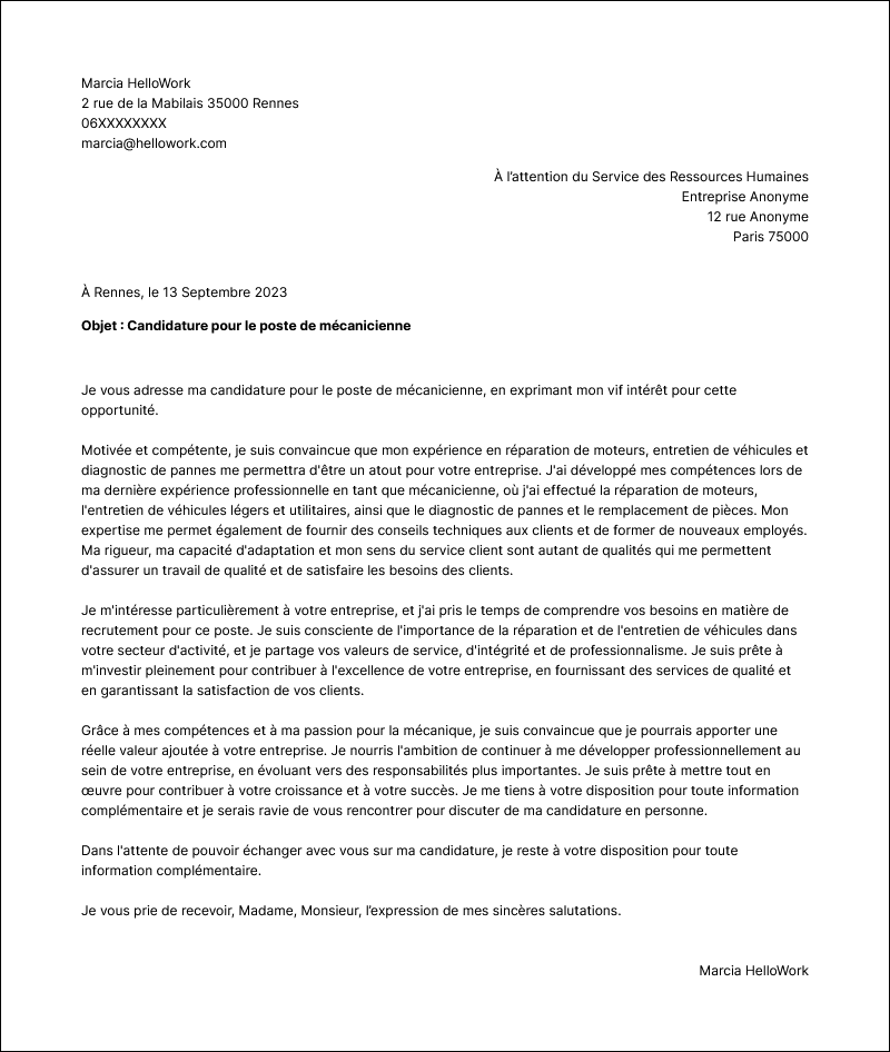 Modèle lettre de motivation Mécanicien Exemple lettre de motivation Mécanicien