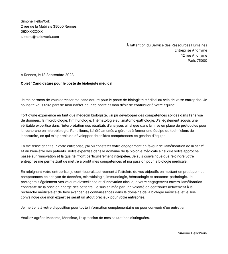 Modèle lettre de motivation Médecin biologiste Exemple lettre de motivation Médecin biologiste