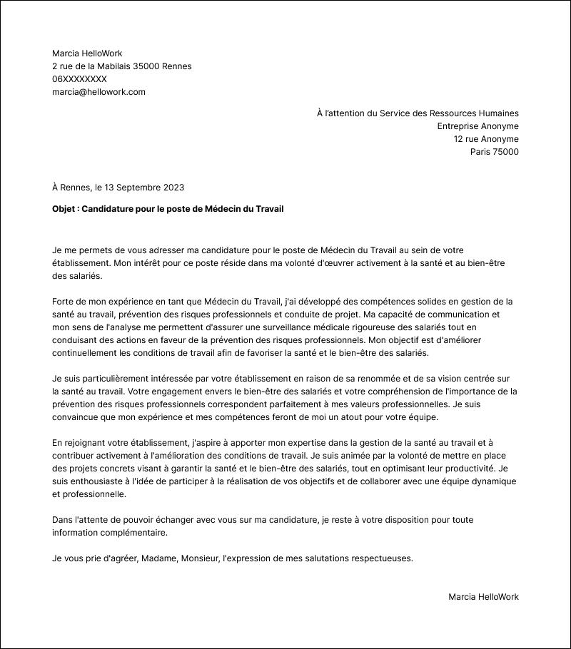 Exemple lettre de motivation Médecin du travail