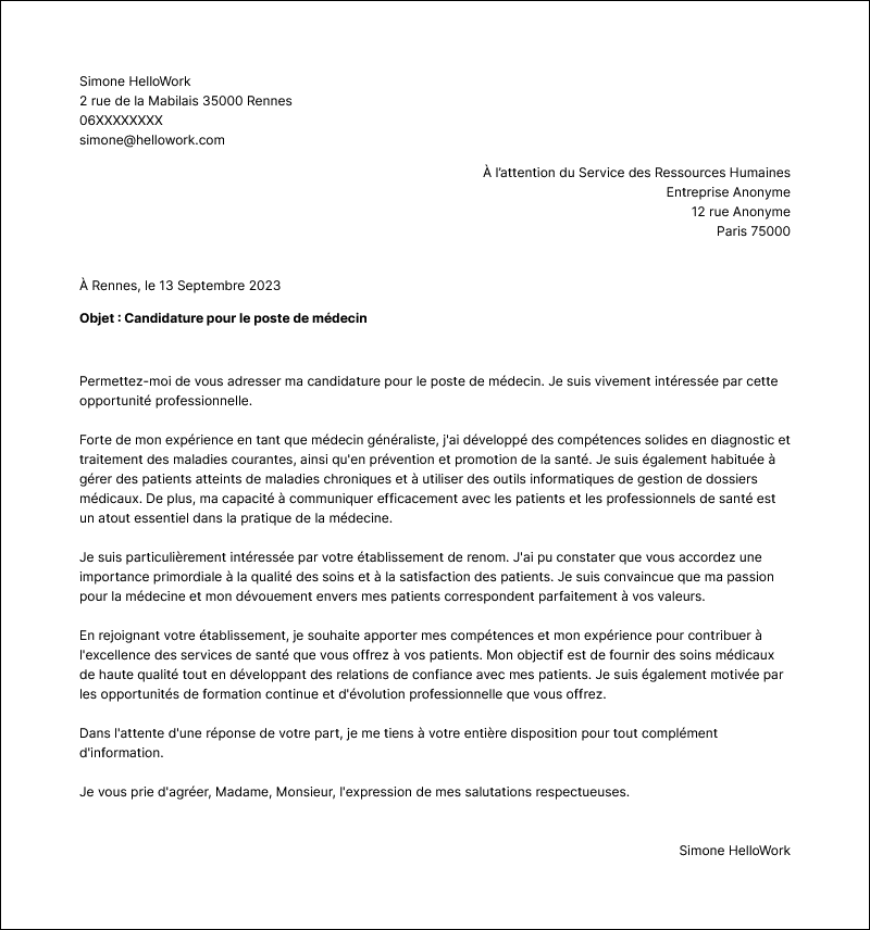 Modèle lettre de motivation Médecin Exemple lettre de motivation Médecin