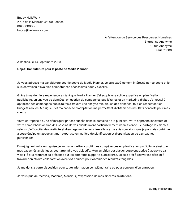 Modèle lettre de motivation Media planner Exemple lettre de motivation Media planner