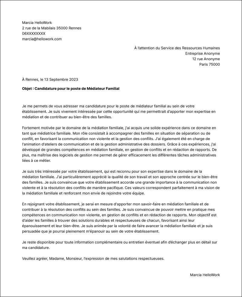 Modèle lettre de motivation Médiateur familial Exemple lettre de motivation Médiateur familial