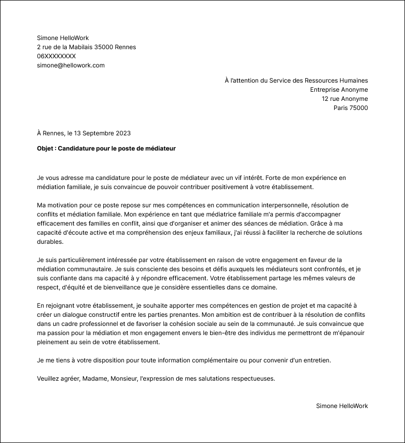 Modèle lettre de motivation Médiateur Exemple lettre de motivation Médiateur