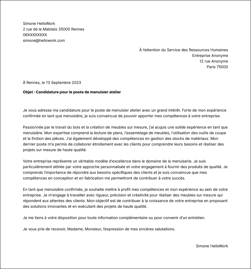 Modèle lettre de motivation Menuisier atelier Exemple lettre de motivation Menuisier atelier