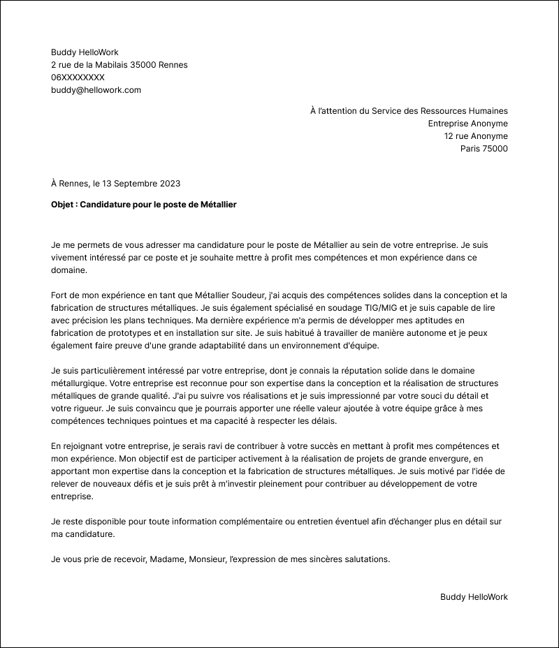 Modèle lettre de motivation Métallier Exemple lettre de motivation Métallier