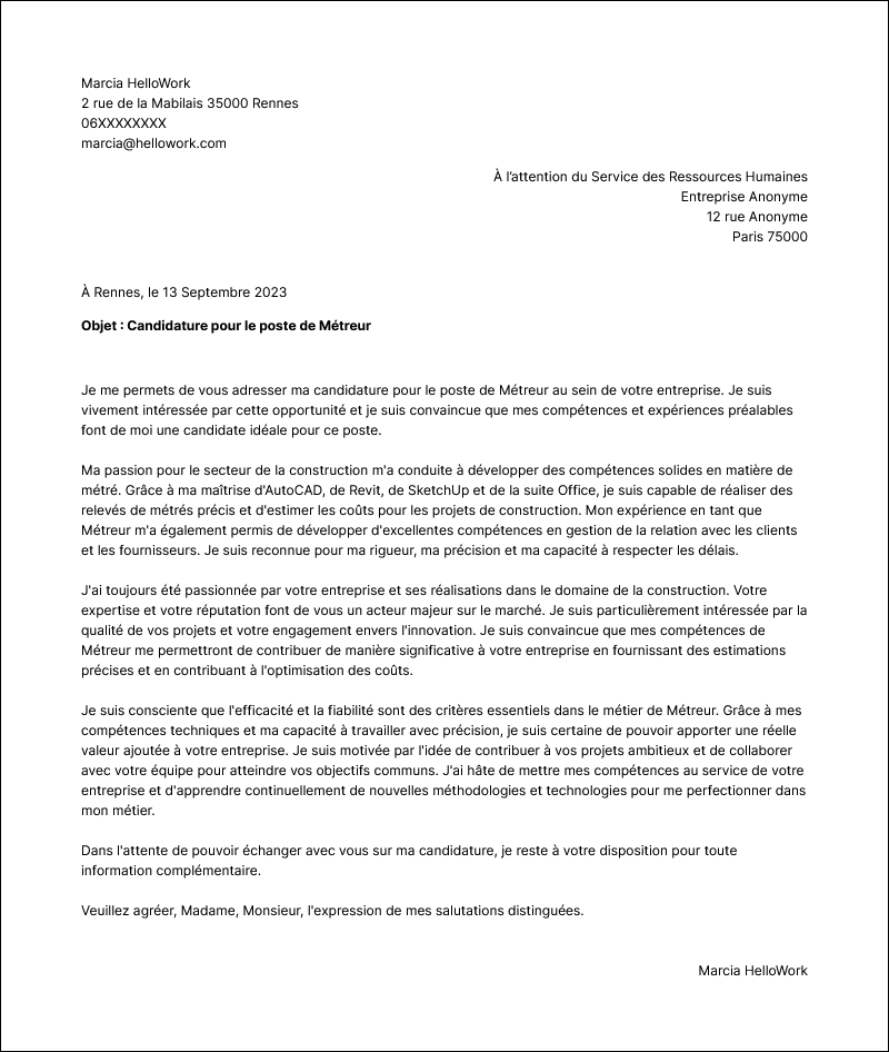 Modèle lettre de motivation Métreur Exemple lettre de motivation Métreur