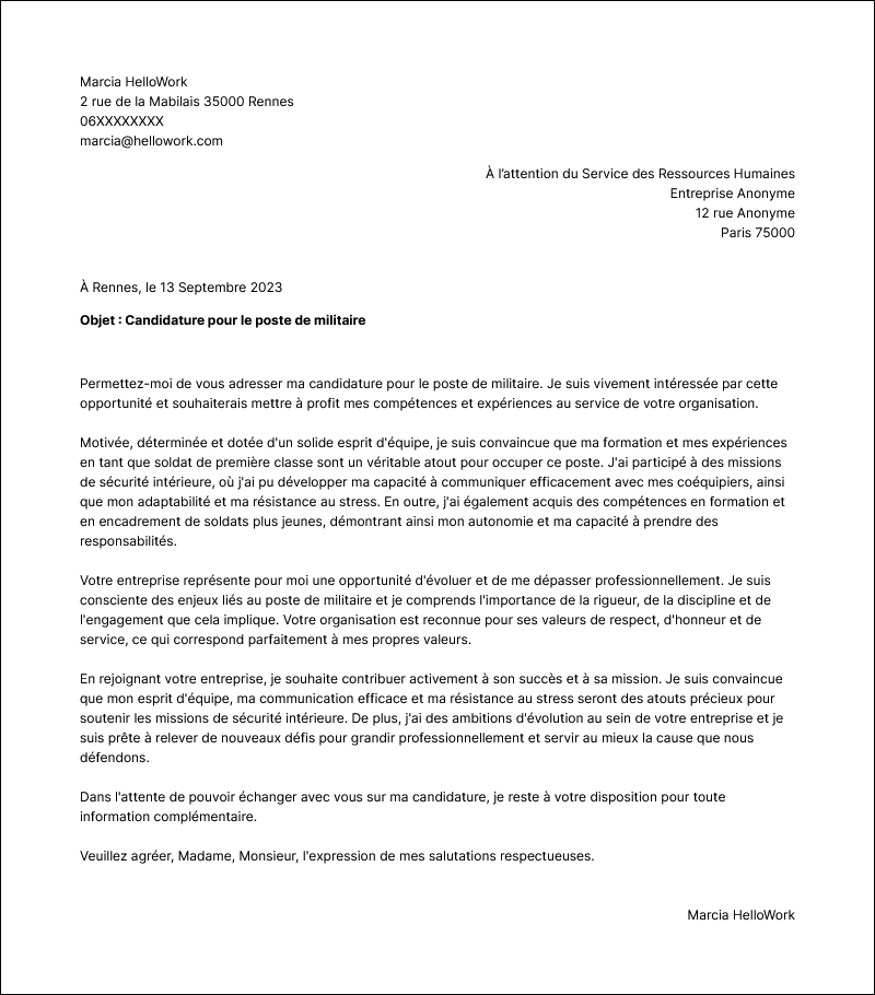 Modèle lettre de motivation Militaire Exemple lettre de motivation Militaire