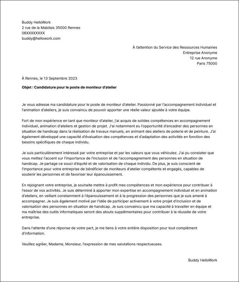 Modèle lettre de motivation Moniteur d'atelier Exemple lettre de motivation Moniteur d'atelier