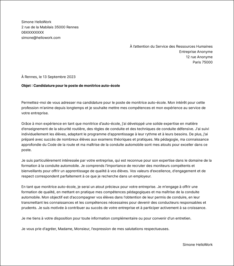 Modèle lettre de motivation Moniteur auto-école Exemple lettre de motivation Moniteur auto-école