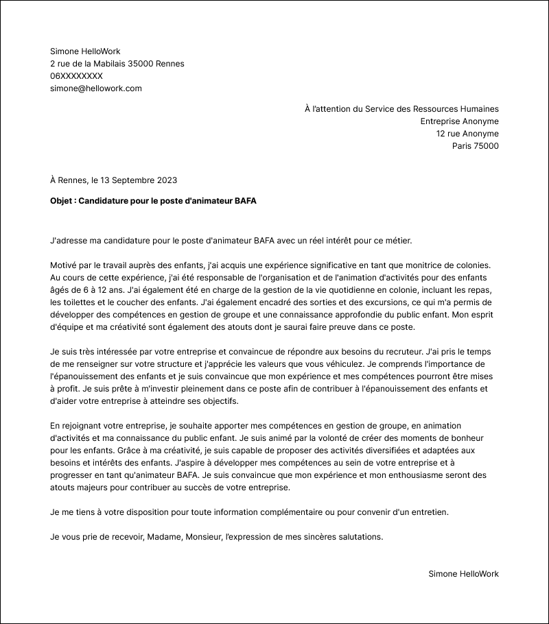 Modèle lettre de motivation Animateur BAFA Exemple lettre de motivation Animateur BAFA