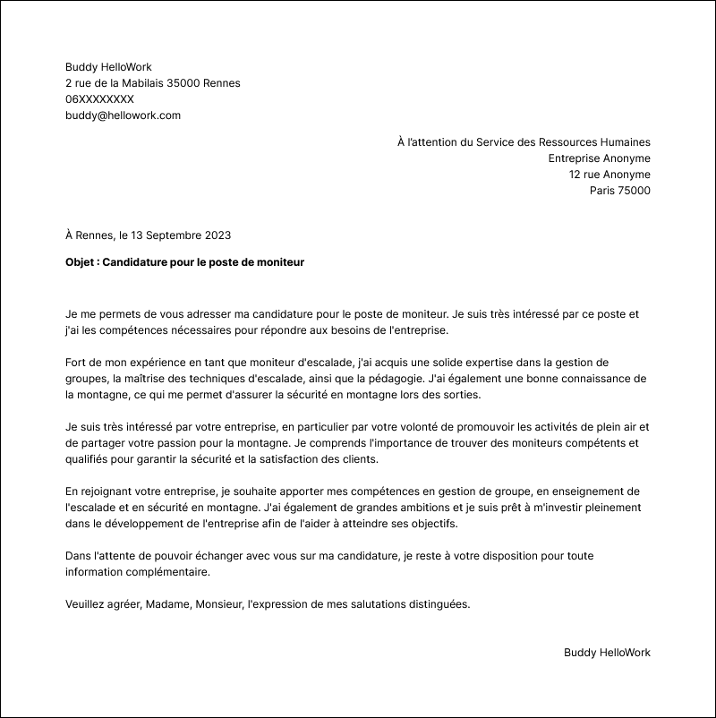 Modèle lettre de motivation Moniteur Exemple lettre de motivation Moniteur