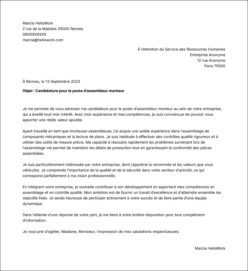 Modèle lettre de motivation Monteur-assembleur Exemple lettre de motivation Monteur-assembleur