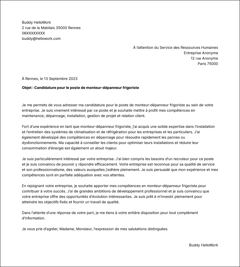 Modèle lettre de motivation Monteur-dépanneur frigoriste Exemple lettre de motivation Monteur-dépanneur frigoriste