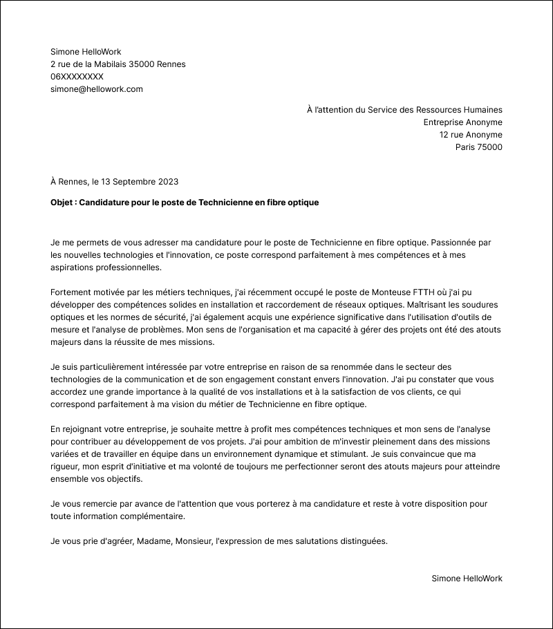 Modèle lettre de motivation Technicien fibre optique Exemple lettre de motivation Technicien fibre optique