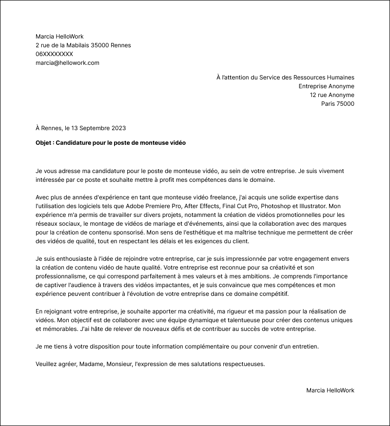 Modèle lettre de motivation Monteur vidéo Exemple lettre de motivation Monteur vidéo