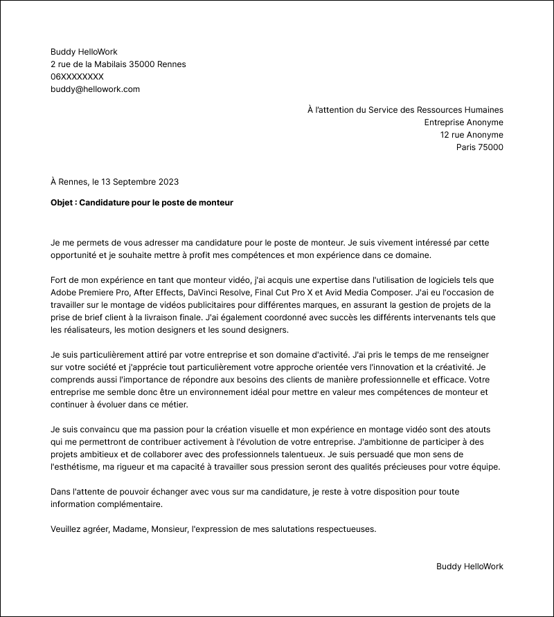 Modèle lettre de motivation Monteur Exemple lettre de motivation Monteur