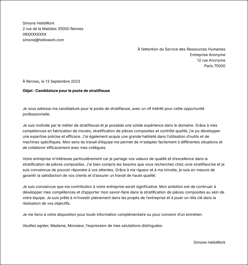 Modèle lettre de motivation Mouleur-stratifieur Exemple lettre de motivation Mouleur-stratifieur