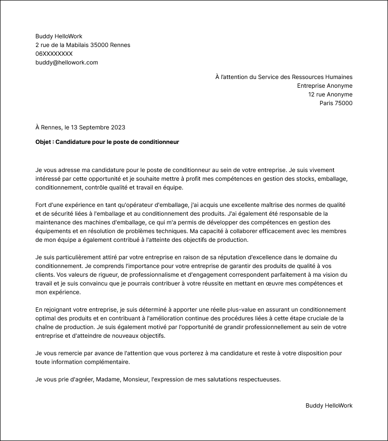Modèle lettre de motivation Conditionneur Exemple lettre de motivation Conditionneur