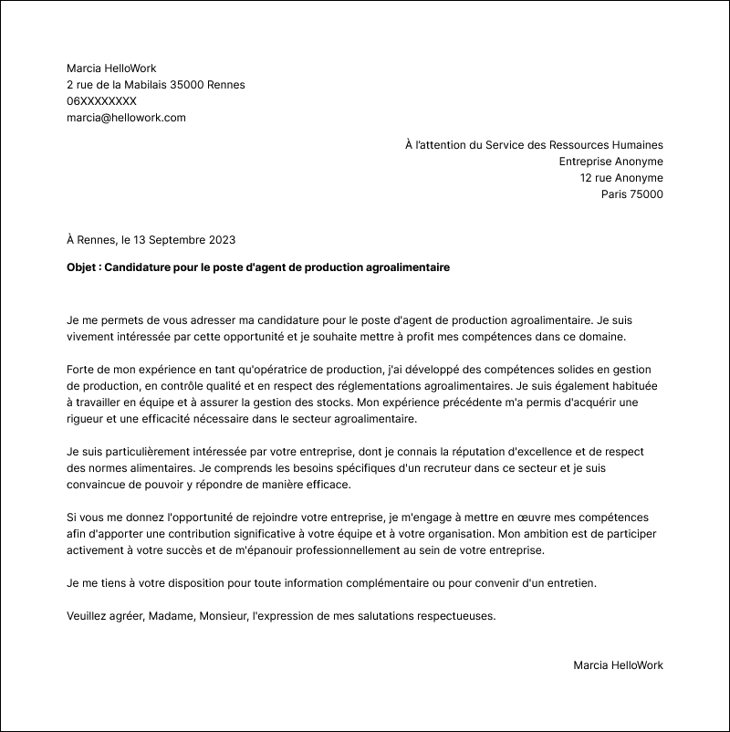 Modèle lettre de motivation Agent de production agroalimentaire Exemple lettre de motivation Agent de production agroalimentaire