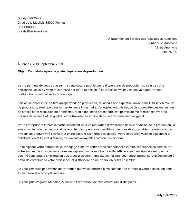 Modèle lettre de motivation Opérateur de production Exemple lettre de motivation Opérateur de production