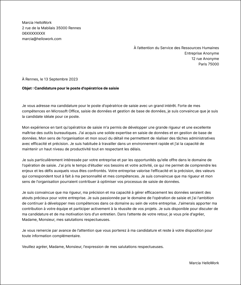 Modèle lettre de motivation Opérateur de saisie Exemple lettre de motivation Opérateur de saisie