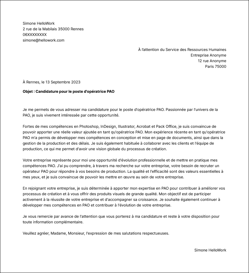 Modèle lettre de motivation Opérateur PAO Exemple lettre de motivation Opérateur PAO