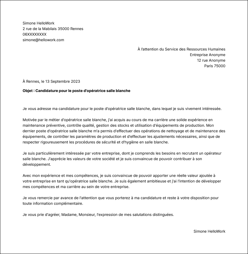 Modèle lettre de motivation Opérateur salle blanche Exemple lettre de motivation Opérateur salle blanche