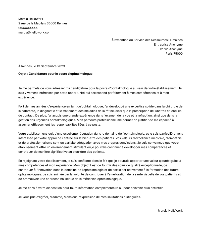 Modèle lettre de motivation Ophtalmologue Exemple lettre de motivation Ophtalmologue