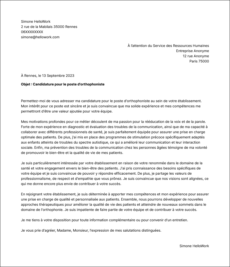 Modèle lettre de motivation Orthophoniste Exemple lettre de motivation Orthophoniste
