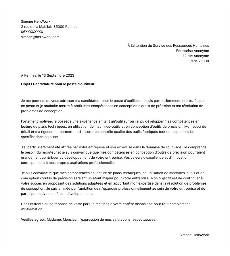 Modèle lettre de motivation Outilleur Exemple lettre de motivation Outilleur