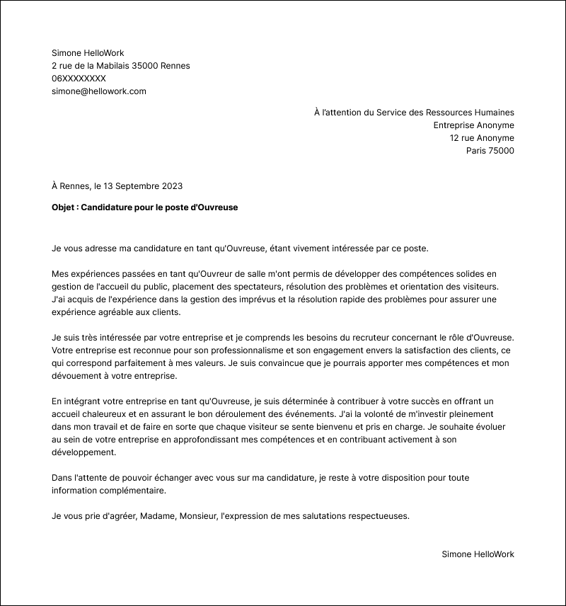 Modèle lettre de motivation Ouvreur Exemple lettre de motivation Ouvreur