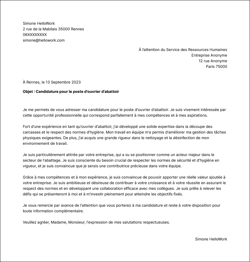 Modèle lettre de motivation Ouvrier d'abattoir Exemple lettre de motivation Ouvrier d'abattoir