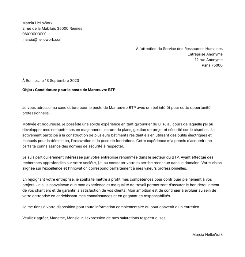 Modèle lettre de motivation Manoeuvre BTP Exemple lettre de motivation Manoeuvre BTP