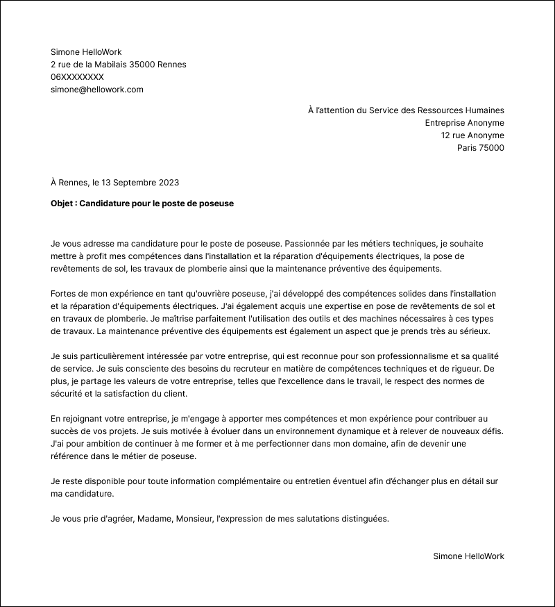 Modèle lettre de motivation Poseur Exemple lettre de motivation Poseur