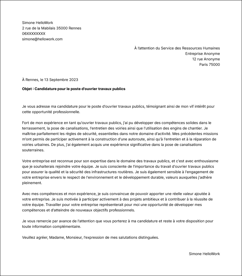 Modèle lettre de motivation Ouvrier travaux publics Exemple lettre de motivation Ouvrier travaux publics