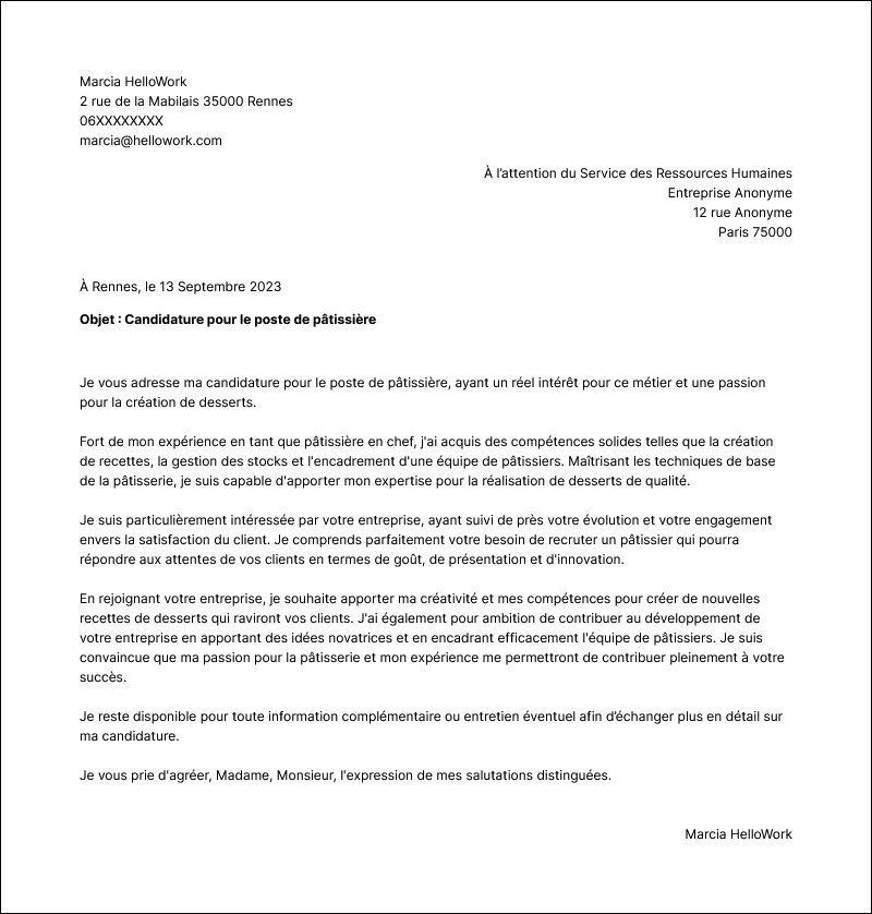 Modèle lettre de motivation Pâtissier Exemple lettre de motivation Pâtissier