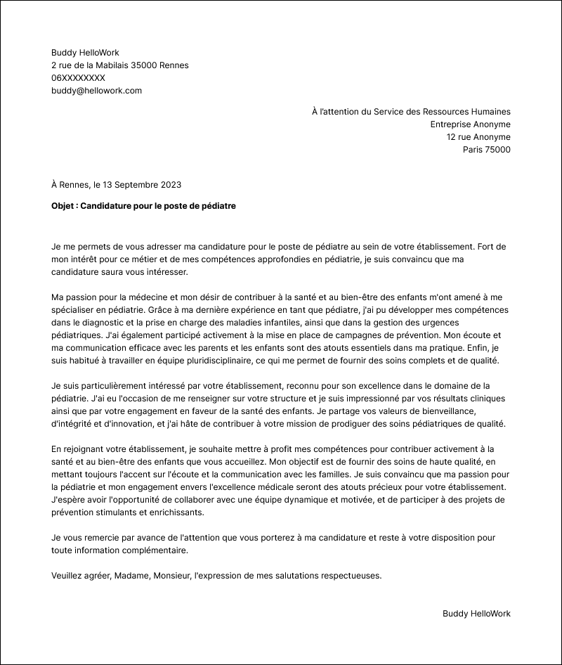 Exemple lettre de motivation Pédiatre