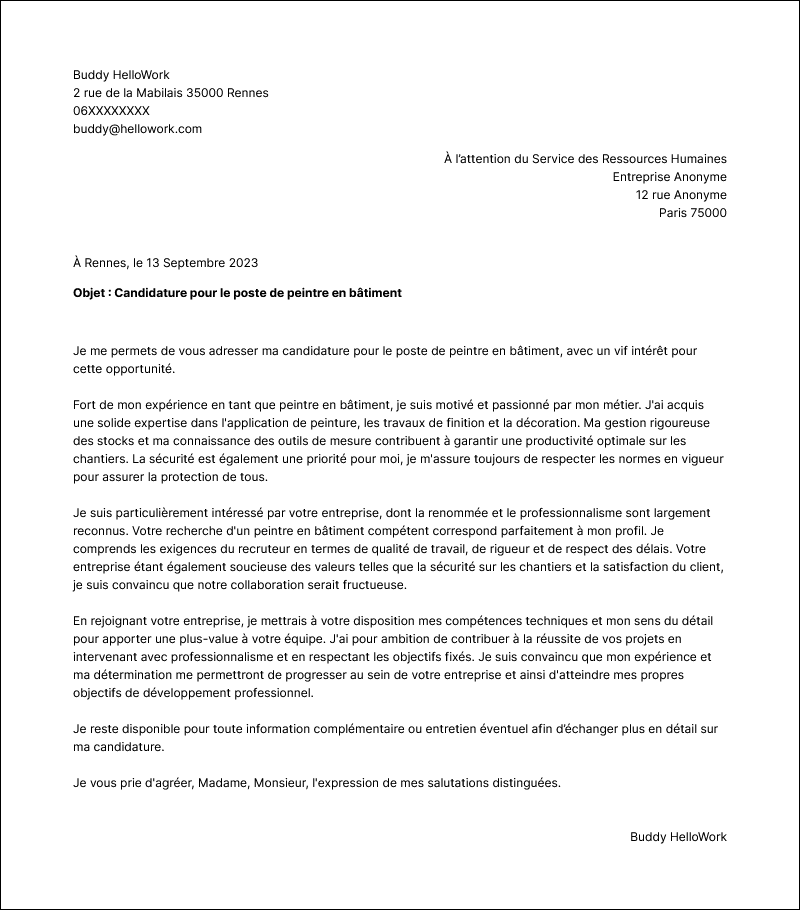 Modèle lettre de motivation Peintre en bâtiment Exemple lettre de motivation Peintre en bâtiment