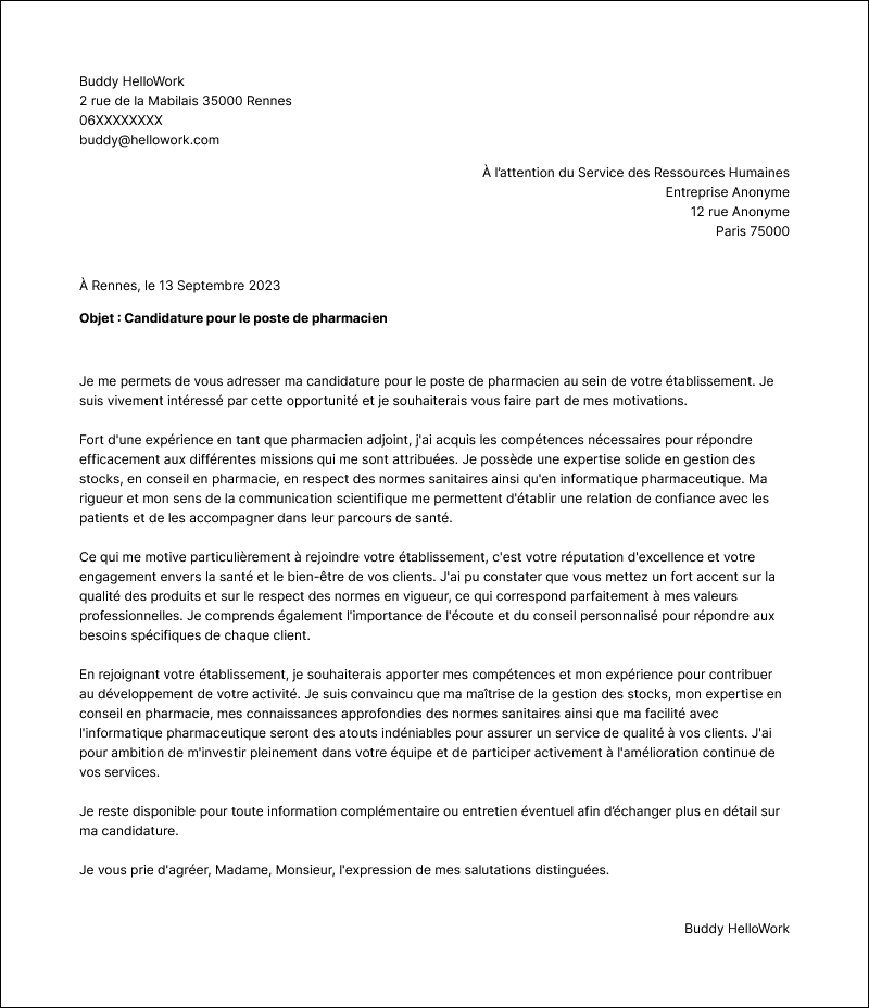 Modèle lettre de motivation Pharmacien Exemple lettre de motivation Pharmacien
