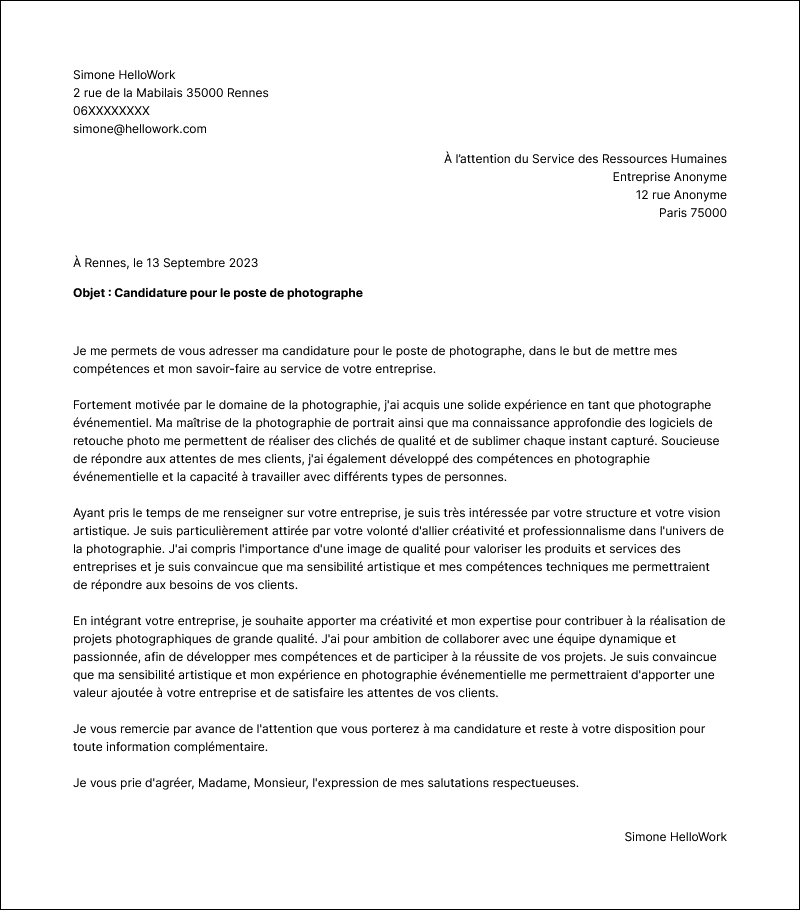 Modèle lettre de motivation Photographe Exemple lettre de motivation Photographe
