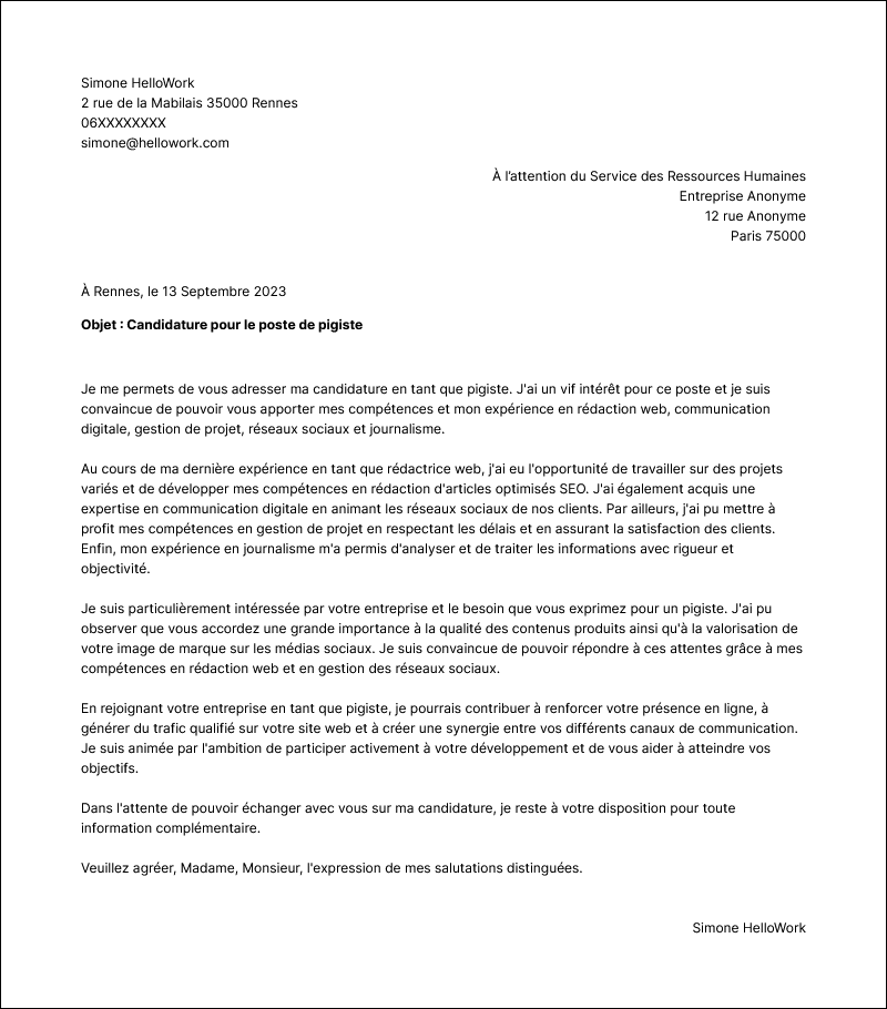 Modèle lettre de motivation Pigiste Exemple lettre de motivation Pigiste
