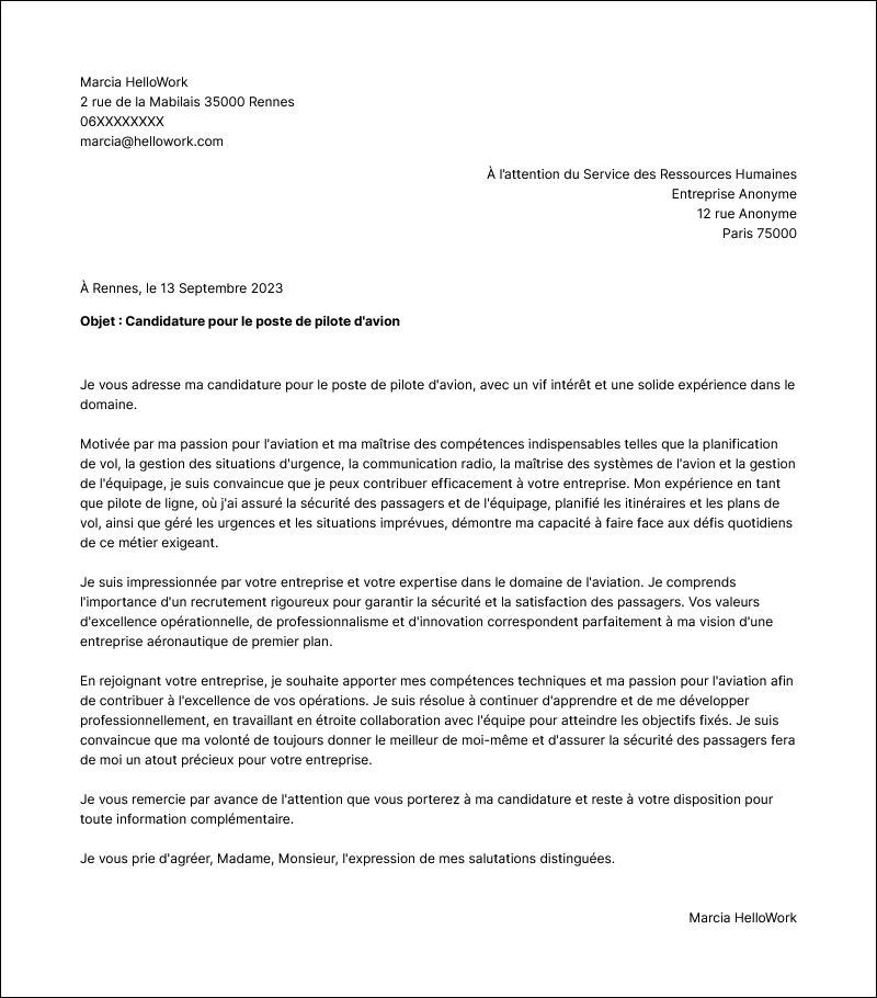 Modèle lettre de motivation Pilote d'avion Exemple lettre de motivation Pilote d'avion