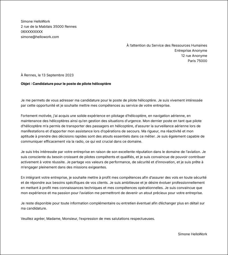 Modèle lettre de motivation Pilote d'hélicoptère Exemple lettre de motivation Pilote d'hélicoptère